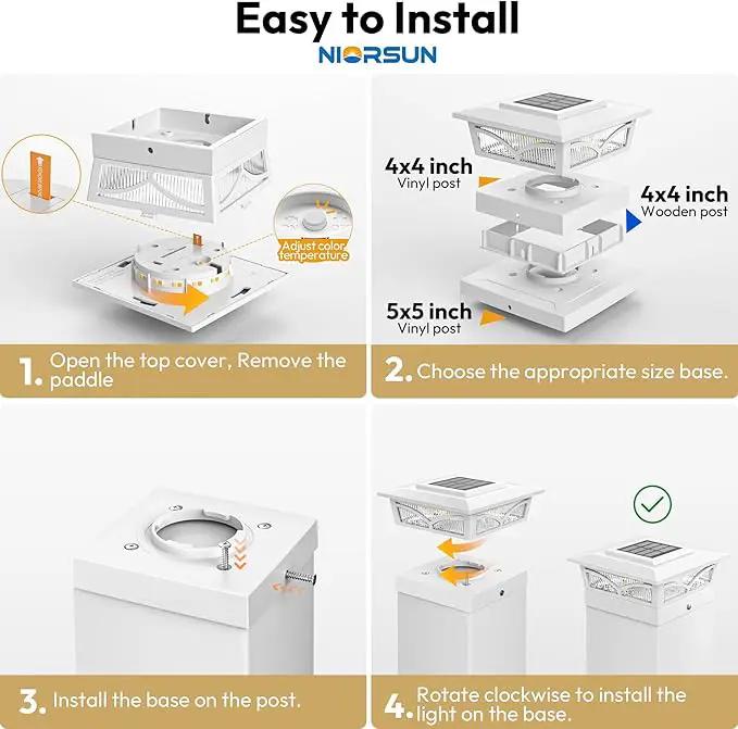 NIORSUN Solar Post Cap Lights Outdoor, 2 Modes LED, Deck Fence Post Solar Lights for 3.5x3.5 4x4 Wood Vinyl, 5x5 Vinyl Caps Patio Garden Decoration, Warm White/Cool White Lighting White 6 Pack by GreenHaven Gardens