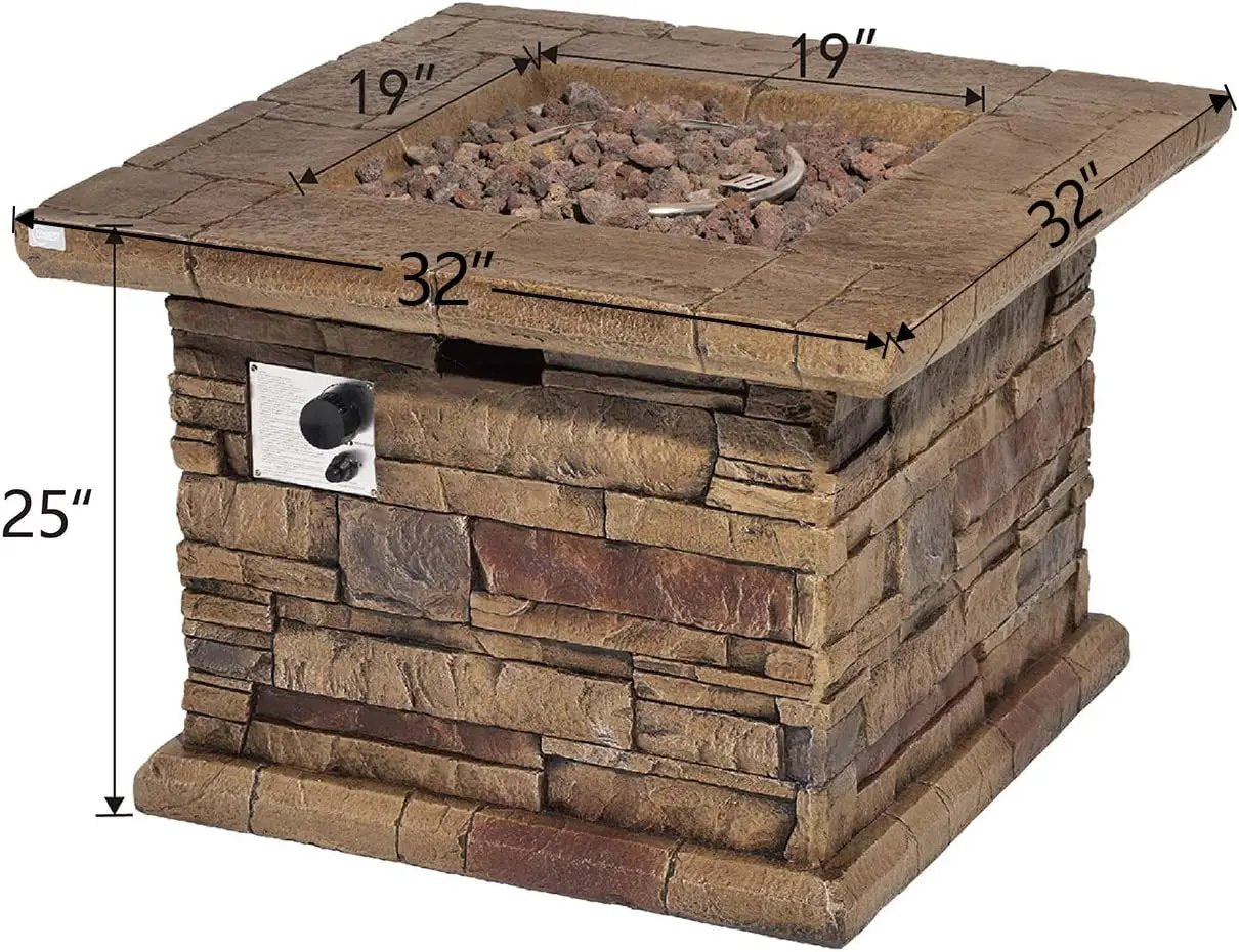 COSIEST Outdoor Propane Fire Pit Table w Faux Brown Ledgestone 32-inch Square Fire Table, CSA Certified, 50,000 BTU Stainless Steel Burner, Free Lava Rocks, Fits 20lb Tank Inside by GreenHaven Gardens