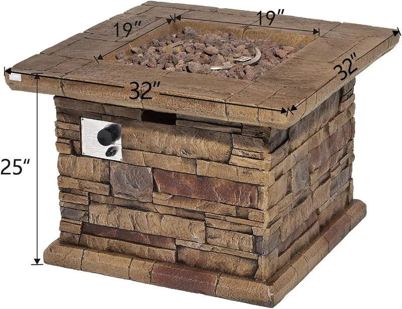COSIEST Outdoor Propane Fire Pit Table w Faux Brown Ledgestone 32-inch Square Fire Table, CSA Certified, 50,000 BTU Stainless Steel Burner, Free Lava Rocks, Fits 20lb Tank Inside by GreenHaven Gardens