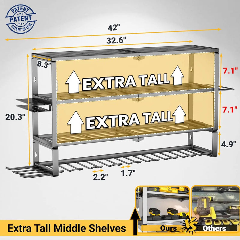 YYR Large Power Tool Organizer Wall Mount, Heavy Duty Metal Cordless Drill Storage Rack with Battery Charging Station Shelf, Utility Racks for Garage Organization, 4 Layer 10 Drills Holder Extra Tall by GreenHaven Gardens