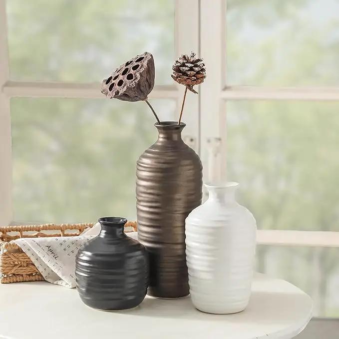 Ceramic Vase Set of 3 Neutral Decorative Vase for Farmhouse, Boho, or Rustic Home Decor Pottery Vases for Living Room Bathroom Table Mantel Fireplace Entryway Shelf (01-Metallic) by GreenHaven Gardens