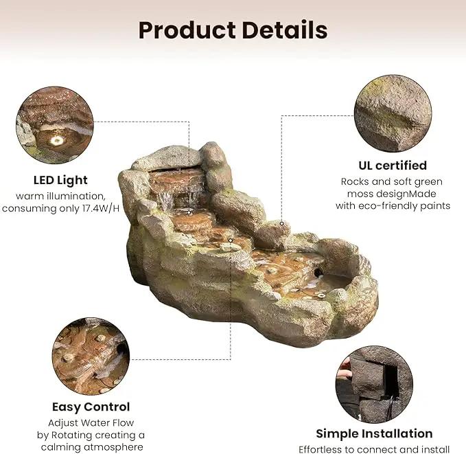 42 in Natural-Style Tier Garden Rock Water Fountain Outdoor, Floor-Standing Fountains That Feature Gentle Waterfall and LED Lights for Patio, Backyard, Deck, Porch, Home Décor by GreenHaven Gardens
