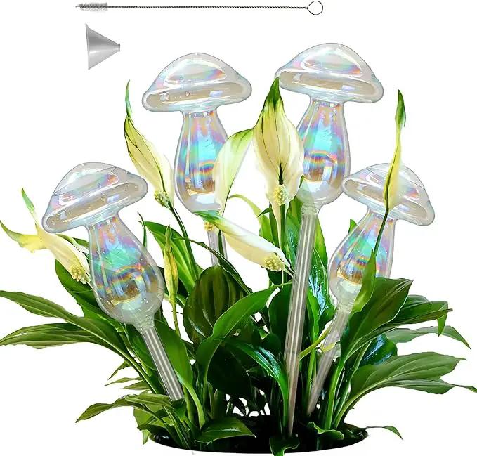 Plant Watering Globes, 4PCS Iridescent Rainbow Gradient Color Clear Glass Mushroom Self Watering Spikes Planter Insert, Automatic Plant Waterer Bulbs Devices for All Plants 9" L × 3.5" D by GreenHaven Gardens