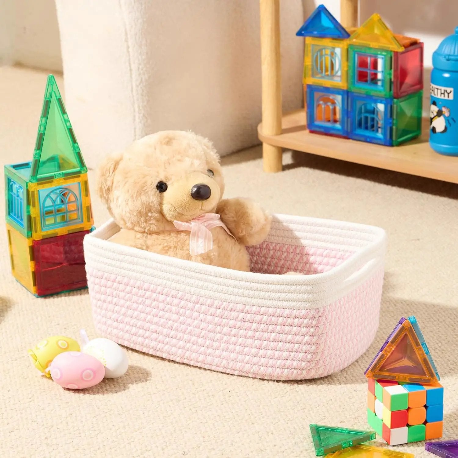 Small Storage Baskets for Organizing | Closet Organizer Bins | Shelf Toy Basket | Woven Rope Baskets | Cube Decorative Box | Shallow Basket | 13x8.5x5.1” | 3 Packs White Pink by GreenHaven Gardens