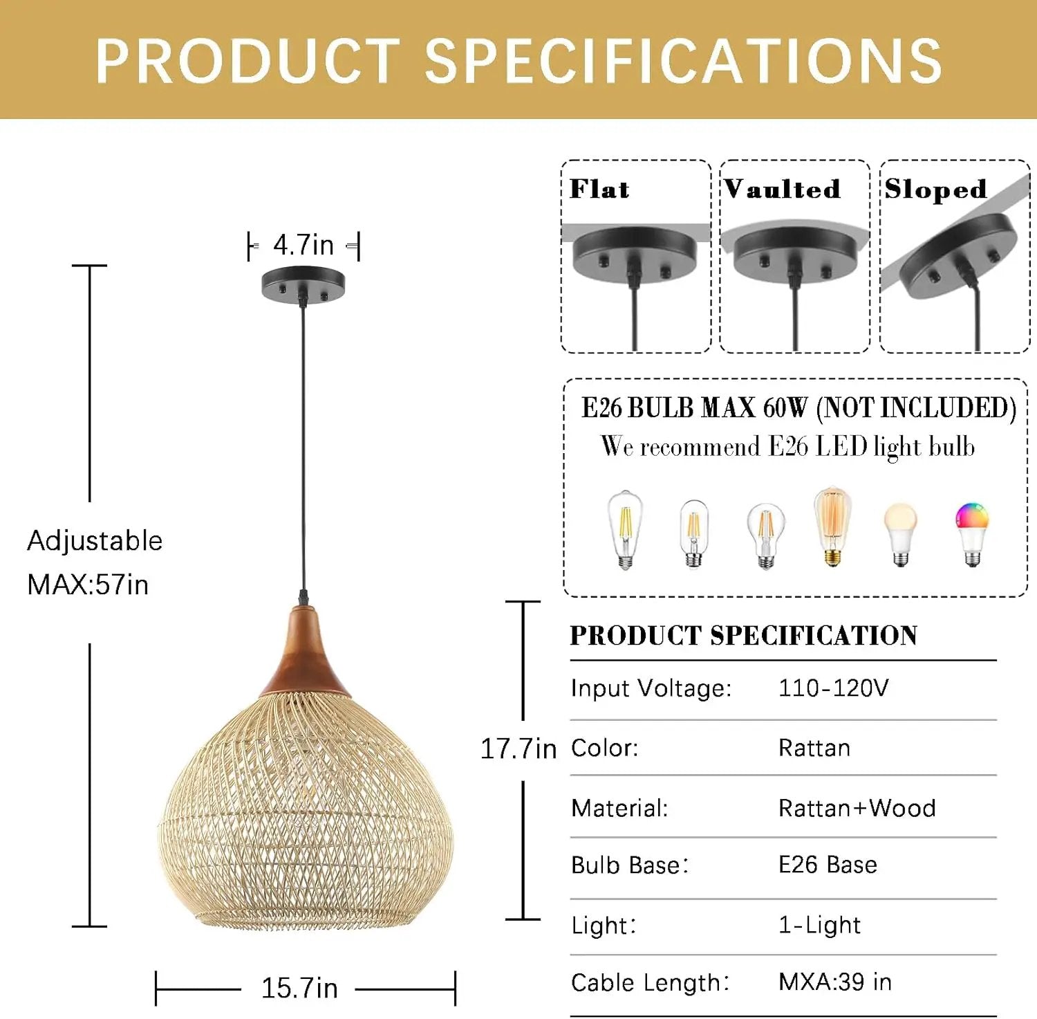 Rattan Pendant Light, 15.7" Rattan Chandelier Hand-Woven Boho Pendant Light Fixtures with Solid Wood, Basket Wicker Chandelier for Dining Room Kitchen Island Living Room by GreenHaven Gardens