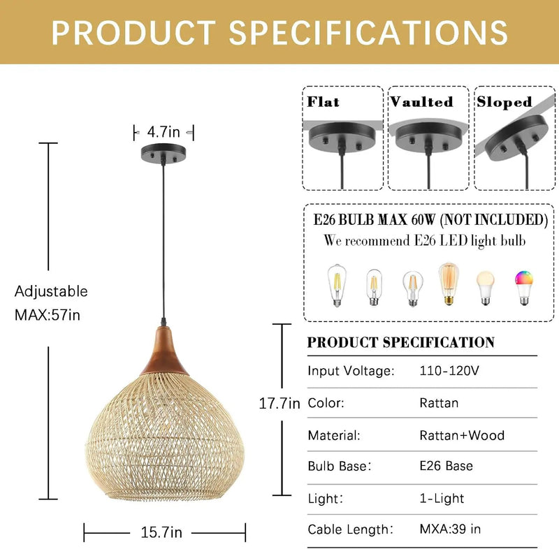 Rattan Pendant Light, 15.7" Rattan Chandelier Hand-Woven Boho Pendant Light Fixtures with Solid Wood, Basket Wicker Chandelier for Dining Room Kitchen Island Living Room by GreenHaven Gardens