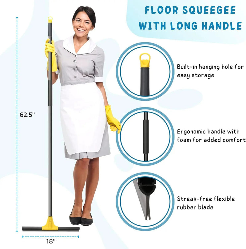 Squeegee Broom for Floor, 18'' Heavy Duty Rubber Wiper with 60'' Long Handle for Bathroom Tile, Garage Concrete, Deck, Shower Glass, Window Cleaning by GreenHaven Gardens