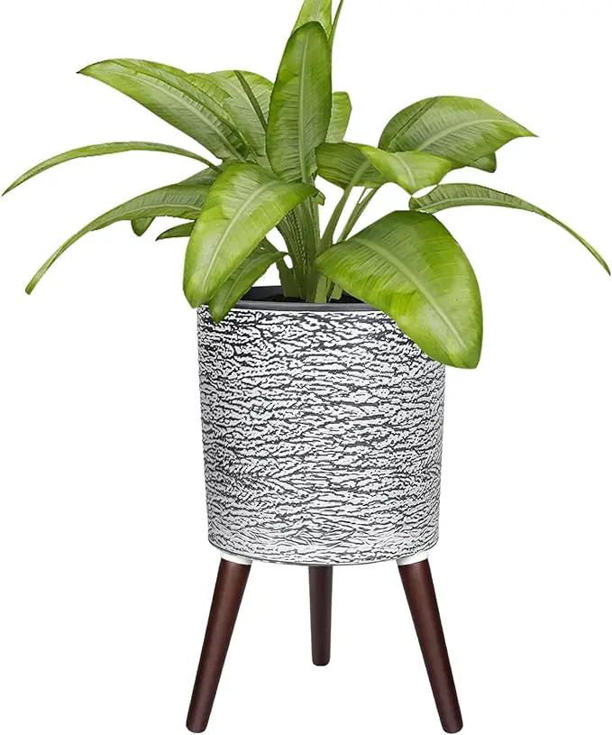 12 Inches Plant Pots with Stand Mid Century Flower Pots with Wood Legs Large Mode Cylinder Planter with Drainage Holes for Indoor Plants,Garden,Decorative-Grey by GreenHaven Gardens
