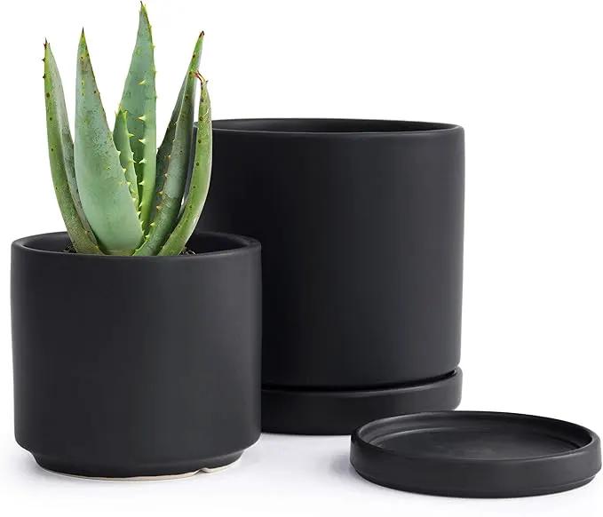 D'vine Dev 4.6 Inch & 6 Inch Ceramic Planter Pots for Plants with Drainage Hole and Saucer, Small Plant Pots Set, Black, 94-G-S-2 by GreenHaven Gardens