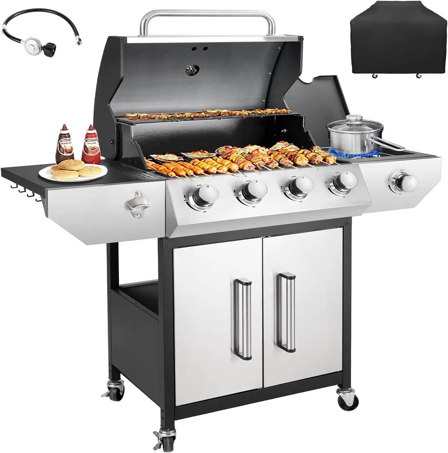 4-Burner Propane Gas BBQ Grill with Side Burner, Barbecue Gas Grill with Enameled Cast Iron Grates for Outdoor Patio Garden Barbecue, 53,000 BTU, Stainless Steel Grill Cover included by GreenHaven Gardens