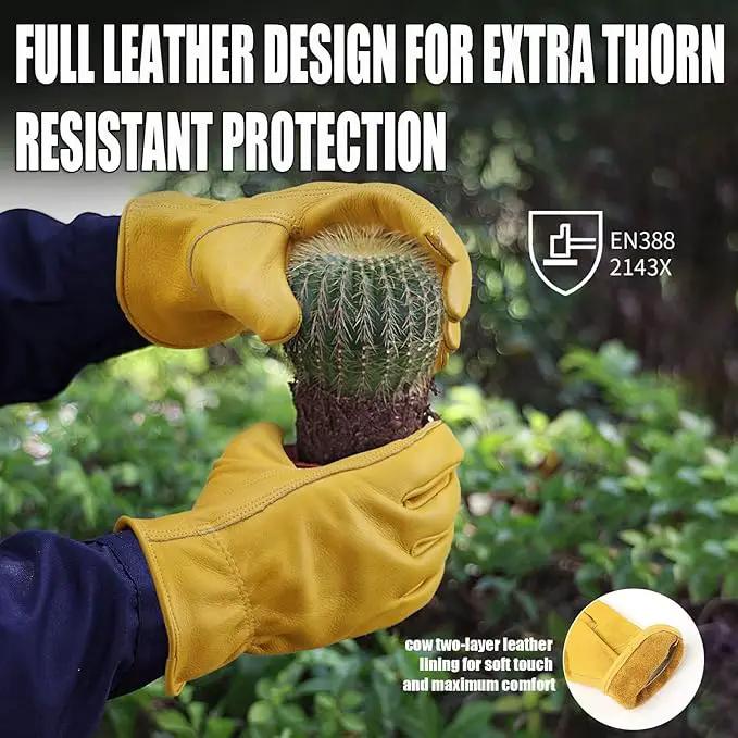 OZERO Flex Grip Leather Work Gloves Stretchable Wrist Tough Cowhide Working Glove 1 Pair (Gold, X-Large) by GreenHaven Gardens