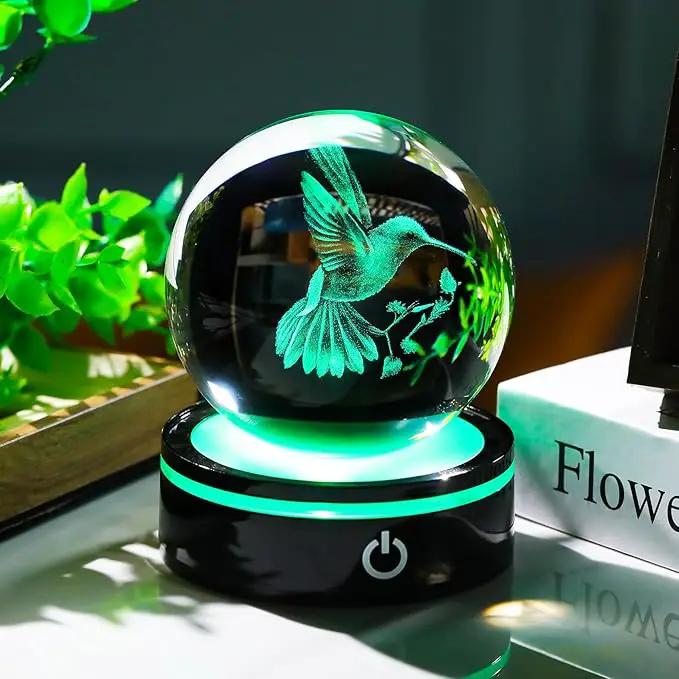 YWHL 3D Crystal Ball Hummingbird Figurine with LED Base, Hummingbird Gifts for Women Men Hummingbird Lovers on Christmas Birthday, Hummingbird Ornament Glass Decorative Ball for Home Decor (80mm) by GreenHaven Gardens