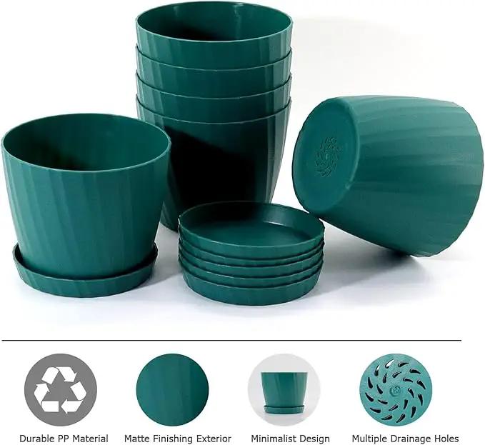 7 Inch Plant Pots Bulk, 6 Pack Plastic Planters with Drainage Holes and Saucers for Indoor Outdoor House Plants and Flowers, Green by GreenHaven Gardens