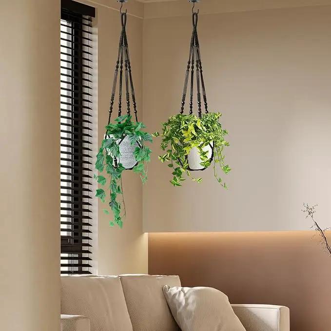 Macrame Plant Hanger Indoor Set of 2 with 4 Hooks, Indoor Outdoor Hanging Planter for Plants Holder with Decorative Wood Beads & No Tassels, Boho Home Decor, 35 Inch Black (Pots Not Included) by GreenHaven Gardens