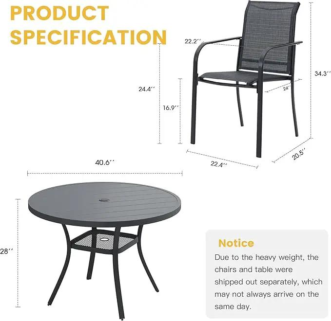 VICLLAX 5 Pieces Patio Dining Set for 4, Outdoor Furniture Set Includes 40.7" Round Patio Table and 4 Patio Stackable Chairs, Grey Tabletop and Grey Fabric by GreenHaven Gardens