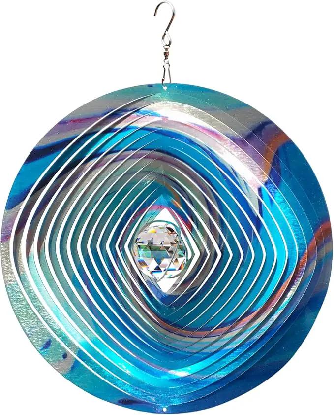 FONMY Mandala Wind Spinner w/Crystal Ball 3D Stainless Steel Hanging Wind Spinner Worth Gift Christmas Decoration Indoor/Outdoor Garden Décor Kinetic Yard Art 12 Inches Multi Blue Wind Sculpture by GreenHaven Gardens