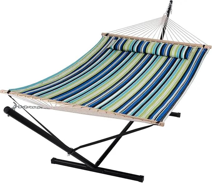 SUNCREAT Hammock with Stand 2 Person Heavy Duty, Freestanding Hammock with Spreader Bar, Soft Pillow, Green Stripes by GreenHaven Gardens