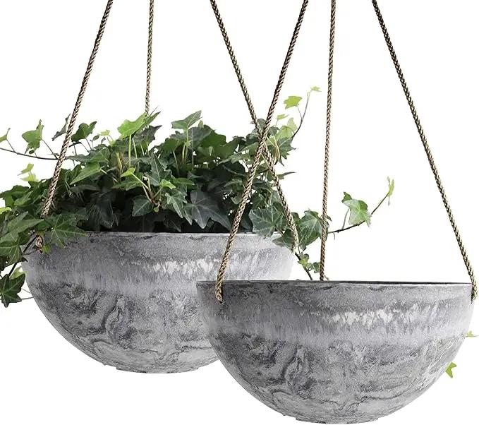 LA JOLIE MUSE Hanging Planter Flower Plant Pots - 10 Inch Indoor Outdoor Balcony Patio Hanging Basket Set of 2, Marble Pattern by GreenHaven Gardens