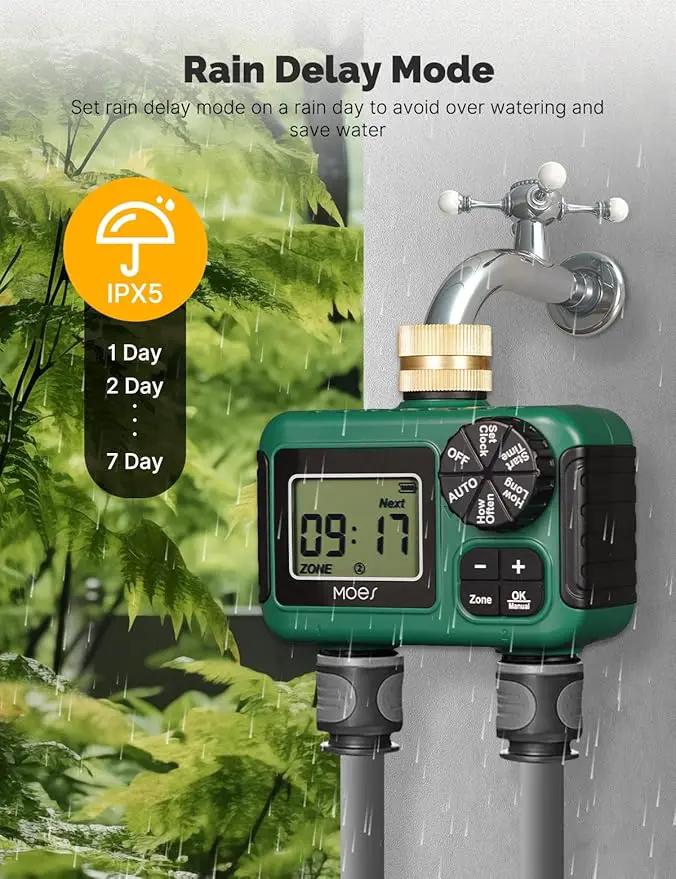 MOES 2 Outlet Sprinkler Timer, Brass Inlet, Programmable Automatic Irrigation Controller, Rain Delay, Manual Watering, 2 Zone Water Hose Timer for Gardens, Lawns, and Hose Systems by GreenHaven Gardens