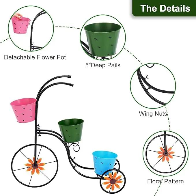 BAYN Bicycle Planter Stand, Metal Flower Pot Cart Holder with 3 Plant Bucket Outdoor Decorative for Patio, Deck, Garden or Lawn by GreenHaven Gardens