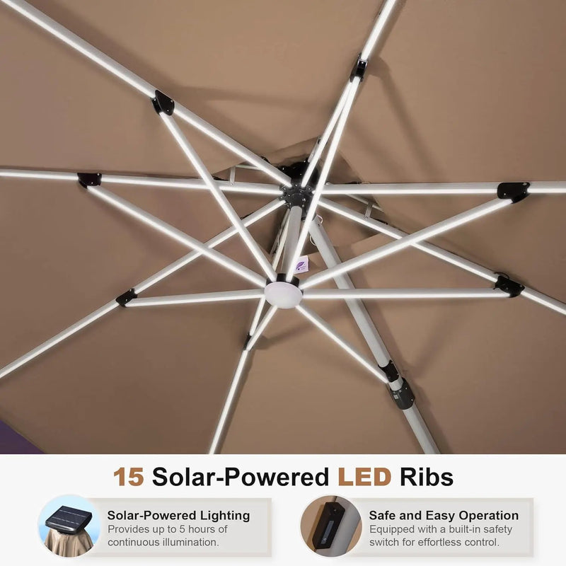 PURPLE LEAF 10 Feet Double Top Deluxe Solar Powered LED Square Patio Umbrella Offset Hanging Umbrella Outdoor Market Umbrella Garden Umbrella, Beige by GreenHaven Gardens