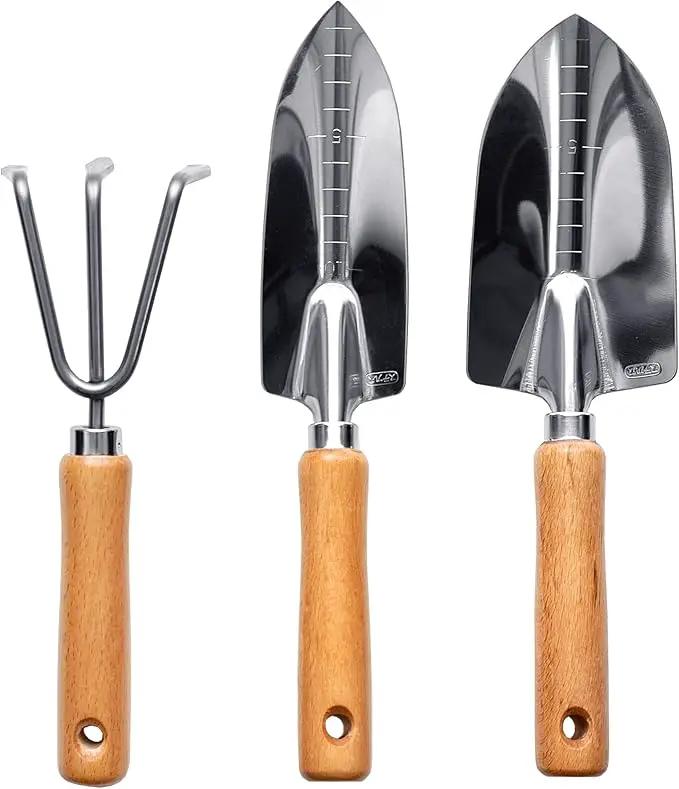 Japanese Garden Tool Set 3 Pcs, Heavy Duty Japanese Stainless Steel, Made in Japan (Large Trowel, Transplant Trowel, Hand Cultivator), Wood Handle by GreenHaven Gardens