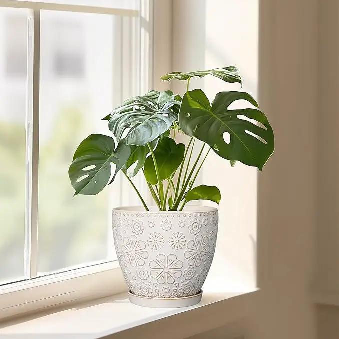 Ceramic Planter 8 Inch Plant Pot with Drainage Hole and Saucer Ceramic Pots for Indoor Plants Outdoor Large Flower Pot for Home Decor White by GreenHaven Gardens