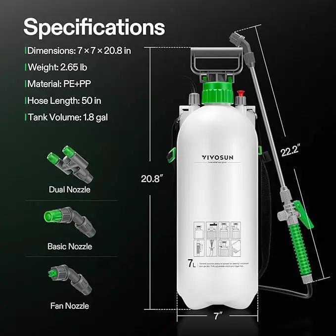 VIVOSUN Pump Sprayer 1.8 Gallon, Portable Water Spray Bottle in Lawn and Garden Yard, Weed Sprayer for Plants with 3 Nozzles, Adjustable Shoulder Strap, Pressure Relief Valve by GreenHaven Gardens