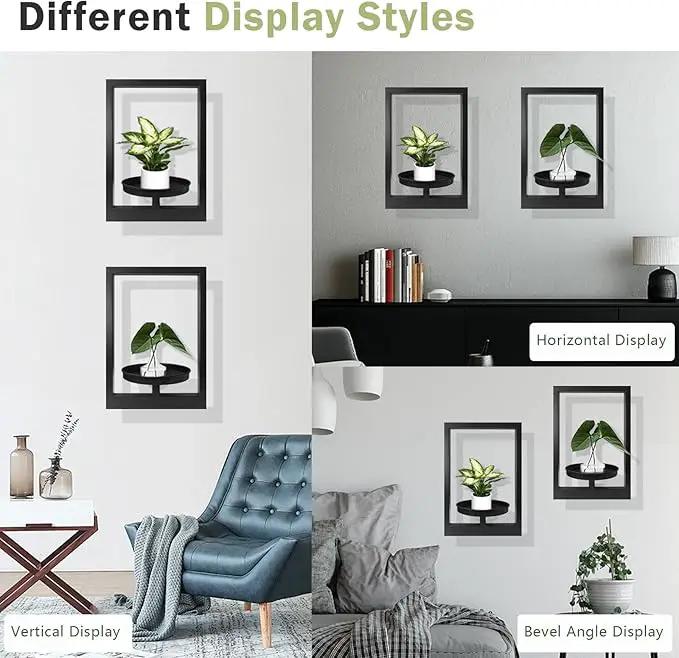 Picture Frame Plant Holder, Wall Mount Plants shelf Indoor Outdoor, Metal Hanging Planters Stand Decor, Window Planter Hanger Shelves, Modern Floating Ornament Rack Art for Home & Garden((Black 2pc)) by GreenHaven Gardens