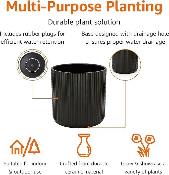 Amazon Basics Fluted Ceramic Round Planter, 10-inch, Black by GreenHaven Gardens