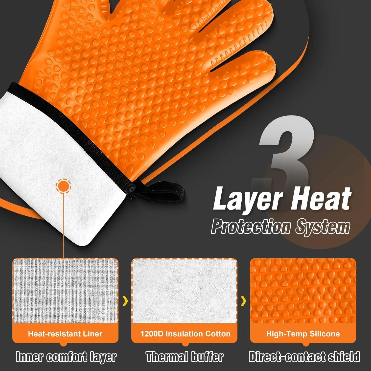 Walfos Silicone BBQ Gloves - Heat Resistant Grilling Gloves, Premium Non-Slip Kitchen Oven Mitt with Protective Cotton Layer Inside, Waterproof, Great for Grilling, Kitchen and Cooking, Orange by GreenHaven Gardens
