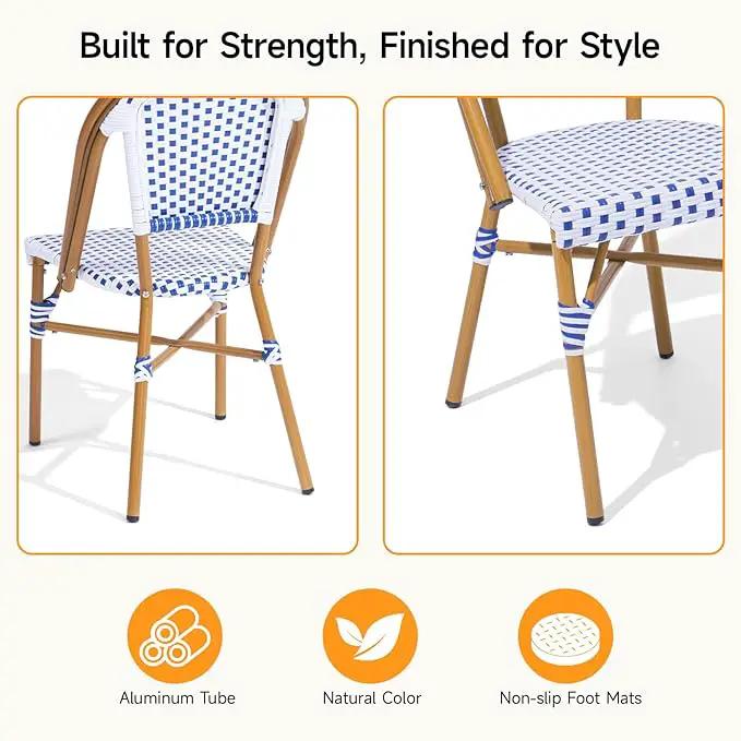 3 Piece French Wicker Bistro Set, Patio Bistro Set with Table and 2 Dining Chairs, All Weather ‎Outdoor ‎Bistro Set with Aluminum Frame, Outdoor Patio Set for Patio Porch Cafes Yard, Navy and White by GreenHaven Gardens
