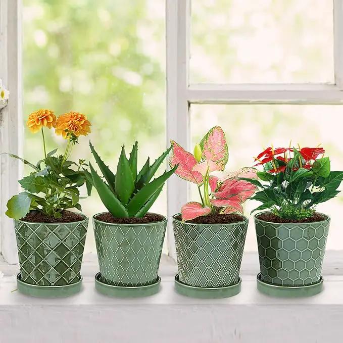 EFISPSS Flower Planter –5 inch Ceramic Plant Pots with Drainage Hole and Ceramic Tray - Gardening Home Desktop Office Windowsill Decoration Gift Set of 4 - Plants NOT Included by GreenHaven Gardens