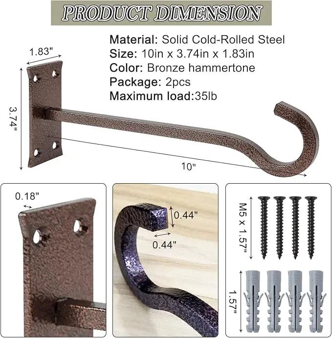 10inch Heavy Duty Plant Hangers Outdoor or Indoor Bird Feeder Hanger Shepherd Hooks 2pcs Bronze hammertone Metal Wall Hook for Hanging Plant Bracket, Lantern, Flower Basket, Wind Chimes by GreenHaven Gardens