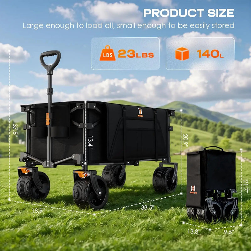 Navatiee Big Wheels Collapsible Wagon Cart Foldable, Heavy Duty Beach Wagon with Silent All-Terrain Wheels, Folding Utility Grocery Cart with Side Pocket and Brakes for Camping Garden Sports, Black by GreenHaven Gardens