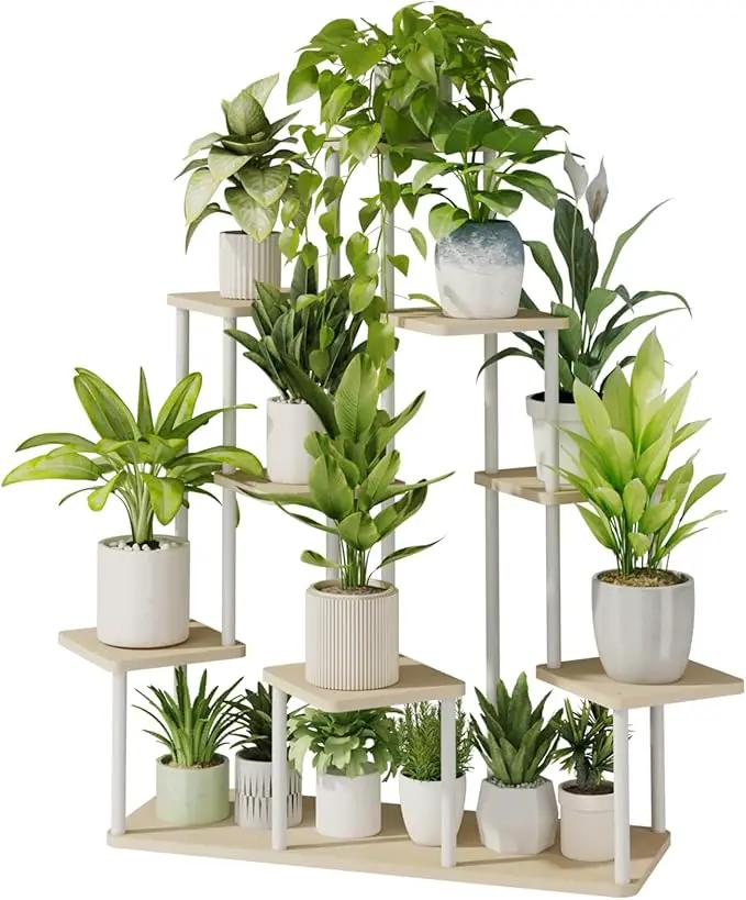 Bamworld Large Plant Stand Indoor, 9 Tier Tall Metal Plant Shelf for Multiple Plants, Tiered Flower Stand for Patio Garden Balcony Living Room Bedroom(White) by GreenHaven Gardens