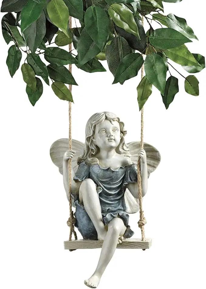 Design Toscano EU42046 Summertime Fairy on a Swing Hanging Statue, 11 Inch, Polyresin, Two Tone Stone by GreenHaven Gardens