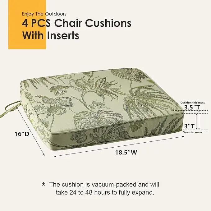 Outdoor Square Corner Seat Cushion, 18.5"x16"x3", Set of 4, Non Slip Seat Cushion Pads with Removable Cover for Patio Furniture, Garden Yard Lawn, Dark Green Vine by GreenHaven Gardens