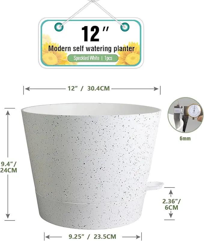 12 inch Large Self Watering Pots, Plant Pots with Mesh Drainage Holes for Indoor Outdoor Plants, Plastic Planters with Deep Reservoir for Garden House Flower Plants, Speckled White by GreenHaven Gardens