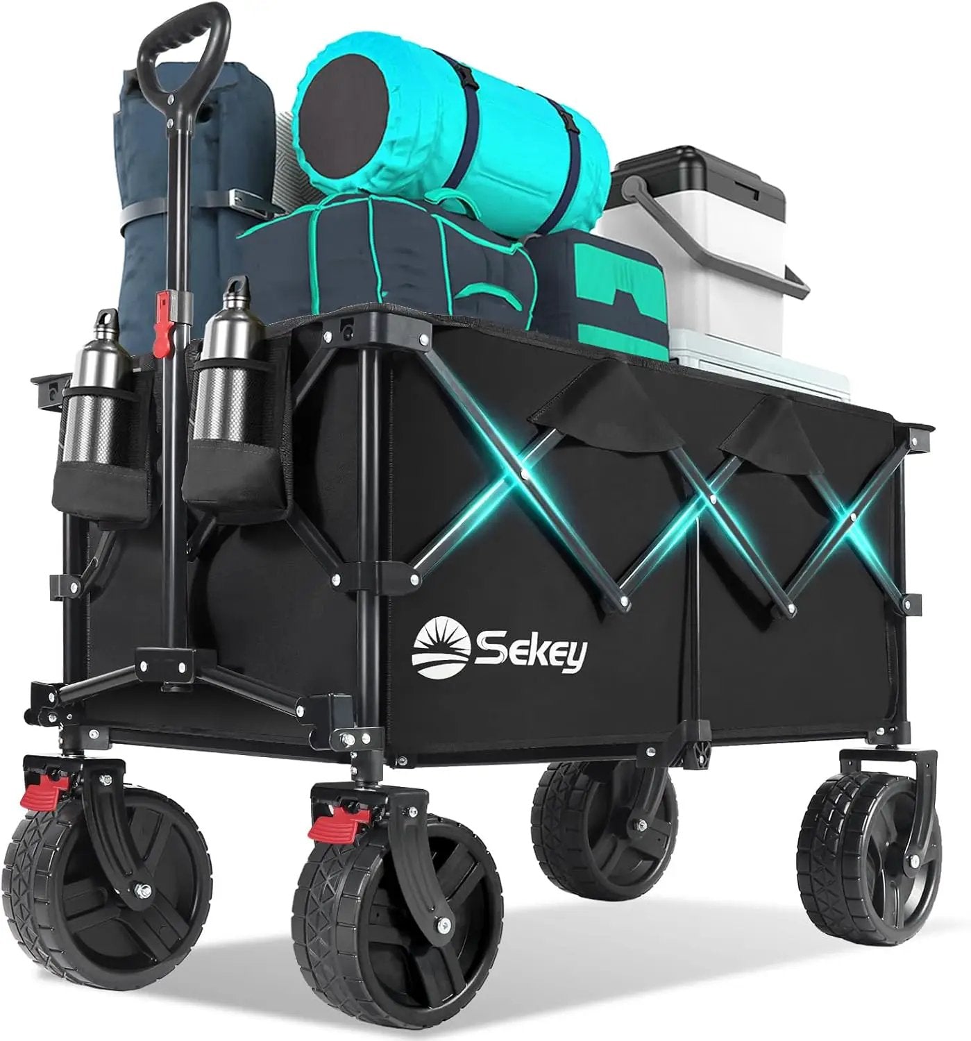 Collapsible Wagon Cart with Big All-Terrain Beach Wheels, Foldable Heavy Duty Wagons with Cup Holders, Utility Carts for Camping, Garden, Outdoor, Grocery, Sports. Black by GreenHaven Gardens