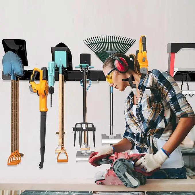Storaboks Heavy Duty Garage Storage Rack System, Wall Mounted Tool Organizer with 8 Double Hooks, 3 Rails, Garden Yard Tools Hanger for Ski Gears, Broom, Rake, Shovel by GreenHaven Gardens
