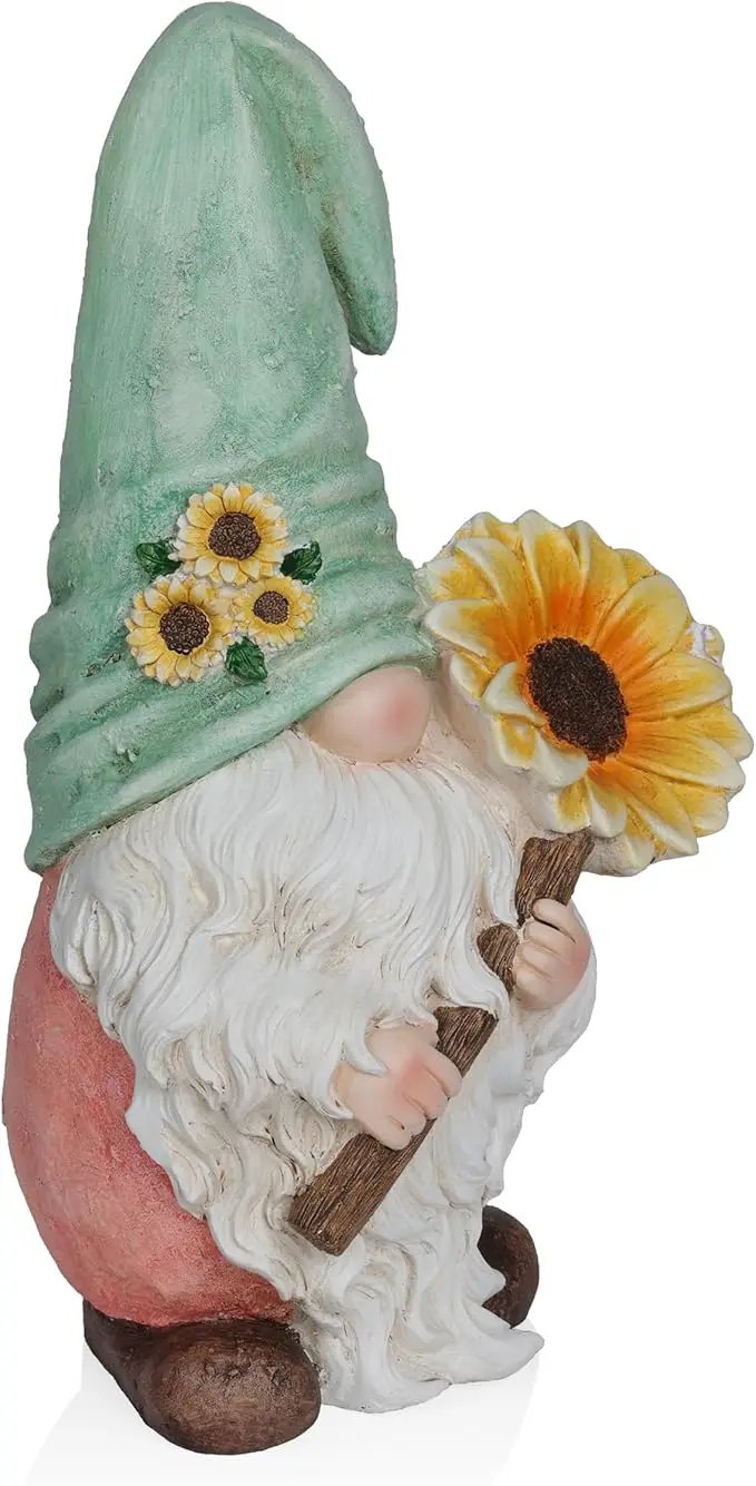 Alpine Corporation MCC842 Indoor/Outdoor Gnome Holding Sunflower Garden Statue, Charming Gnome Statue w/Hat, 21" H, Turquoise by GreenHaven Gardens