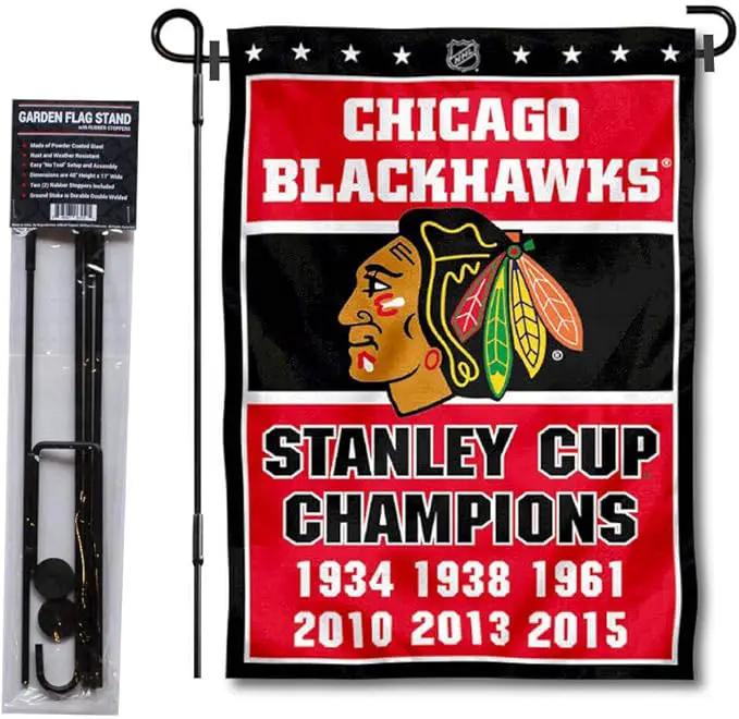 WinCraft Chicago Blackhawks 6 Time Champions Garden Flag and Pole Stand Holder by GreenHaven Gardens