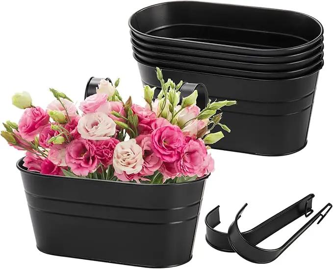 Foraineam 6 Pack Hanging Flower Pots, Metal Iron Hanging Planter Plant Pot Holders for Railing Fence Balcony, Black Hanging Bucket Pots Outdoor Porch Decors with Detachable Hooks and Drain Holes by GreenHaven Gardens