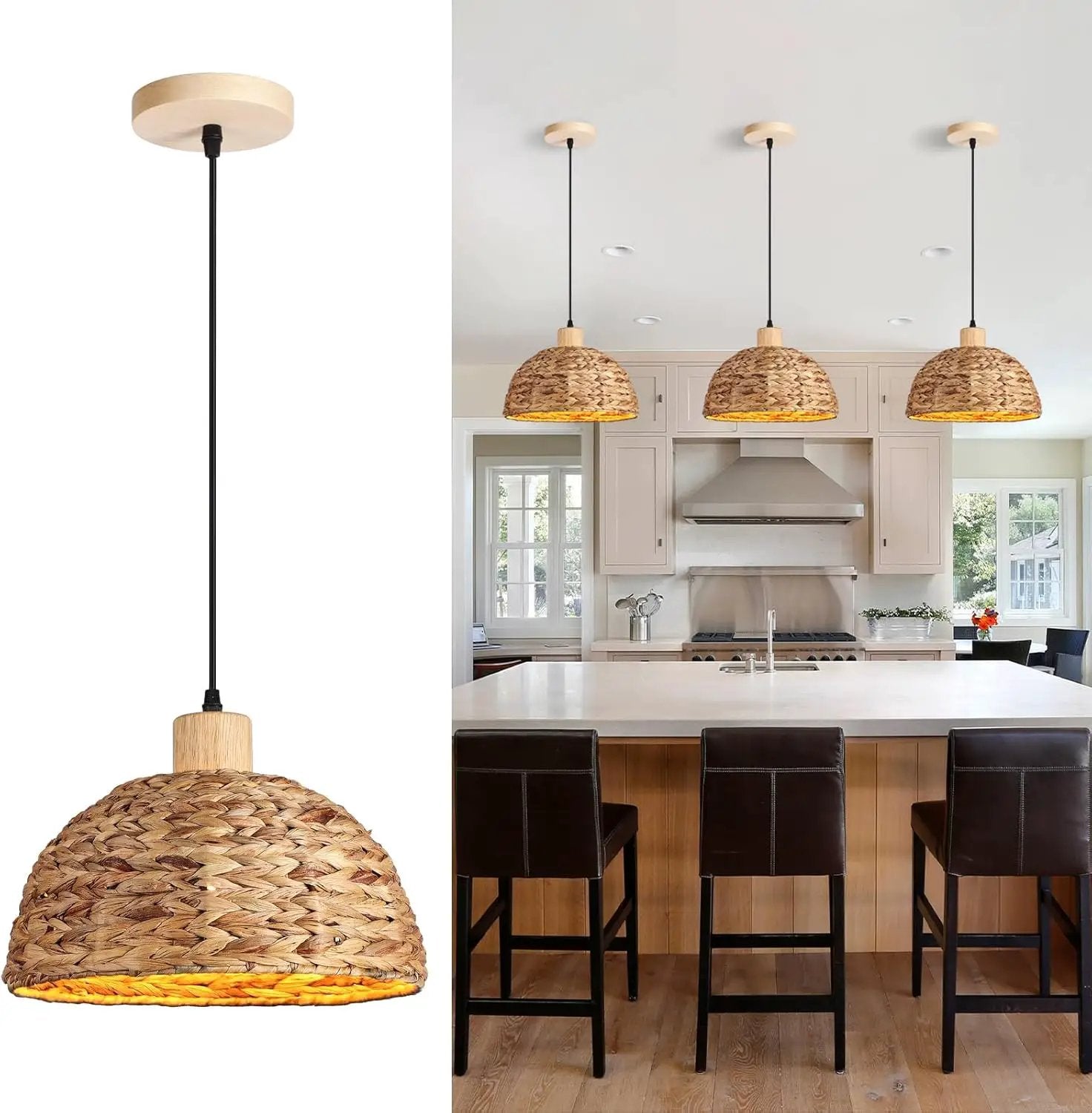 Boho Pendant Lights Kitchen Island, 11.8" Hand-Woven Rattan Light Fixture Bohemian Lighting Farmhouse Seagrass Weaving Hanging Ceiling Light Chandelier for Living Dining Room Restaurants by GreenHaven Gardens