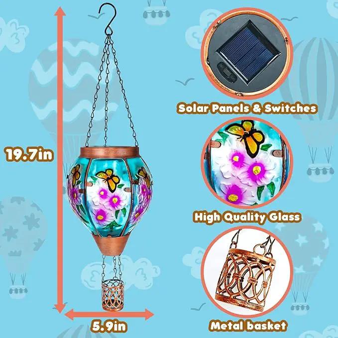 2 Pack Solar Hot Air Balloon Lantern with Flame， Butterfly Glass Outdoor Solar Lanterns for Outside Hanging Farmhouse Patio Pathway Decor, Butterfly Gifts for Women Grandma Mom - Butterfly by GreenHaven Gardens