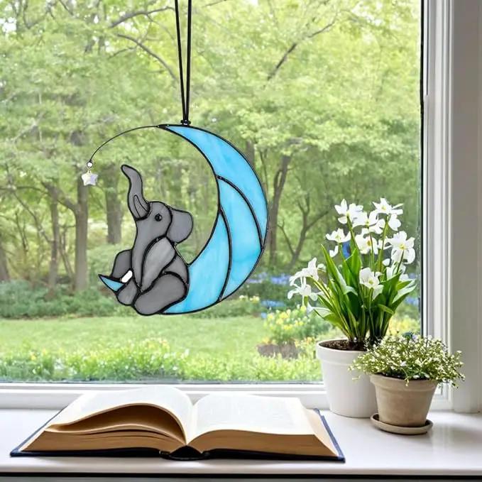 HDCRYSTALGIFTS Glass Elephant Ornament Stained Glass Window Hanging Decor, Modern Design Elephant on Moon with Star Collectibles Handcrafted Sun Catcher Gifts for Birthday Women by GreenHaven Gardens