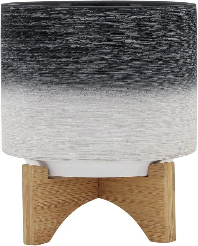 Sagebook Home 8" Planter on Stand - Ceramic Planter on Wooden Base - Contemporary Gray and White Textured Design Indoor or Outdoor Plant Stand Decor by GreenHaven Gardens