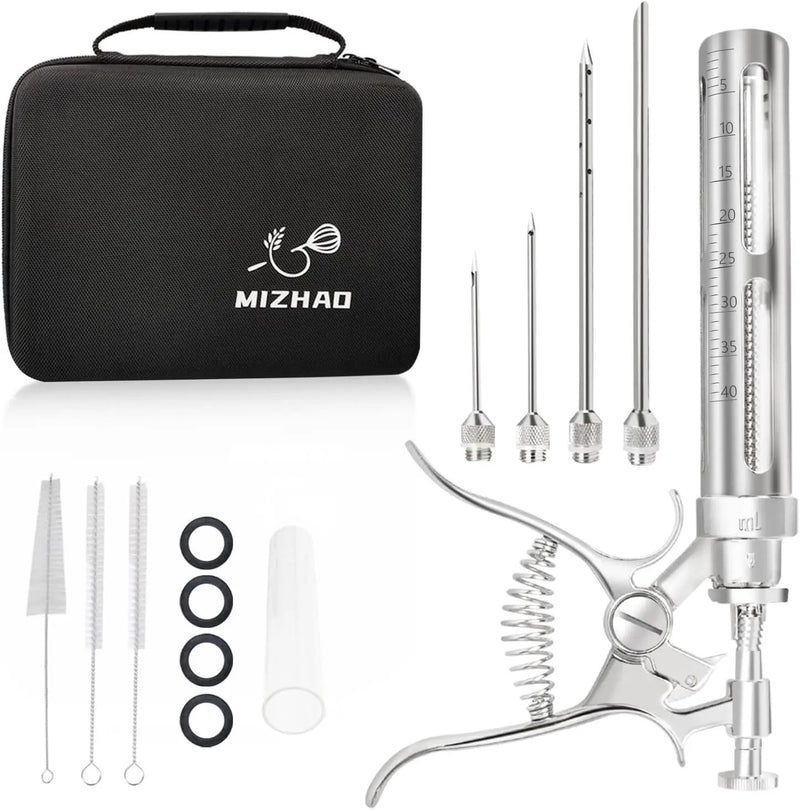 Premium Meat Injector Kit - Stainless Steel Marinade Syringe with 4 Needles, Leak-Proof, Food-Grade Injector for BBQ, Turkey, Chicken, and Grilling – Includes Bonus Glass Tube(9.1in) by GreenHaven Gardens