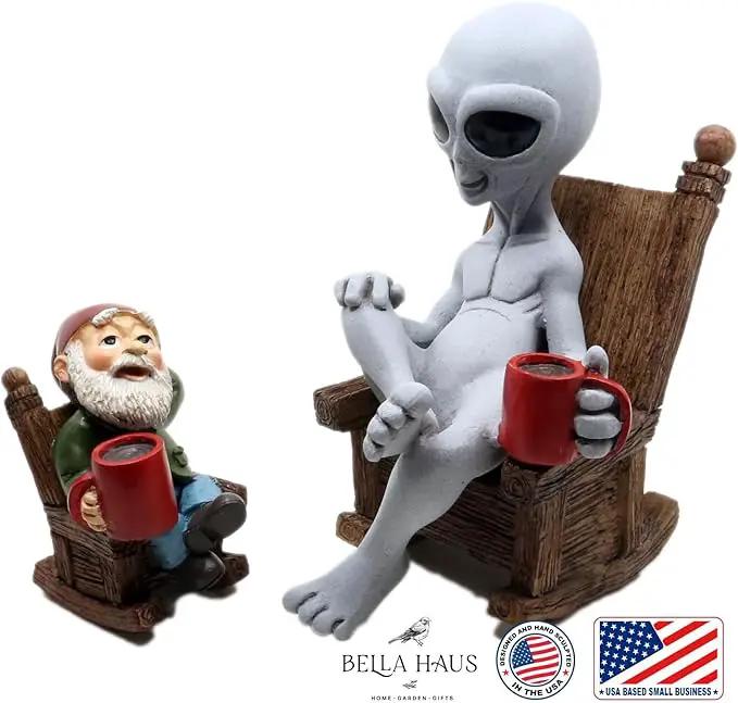 Andre' & Fritz | Celebrating Friendship with a Morning Cup of Coffee | Whimsical Extraterrestrial Outdoor Decor | Garden Statue 2pc Resin Set 6.25”/ 3.50” Tall (Coffee with Friends) by GreenHaven Gardens